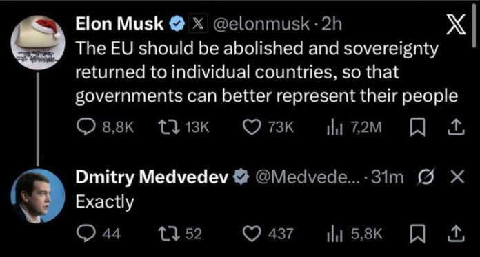 Dmitri Medvedev răspunde după cererea lui Elon Musk de „desființare” a Uniunii Europene: Reacție pe X