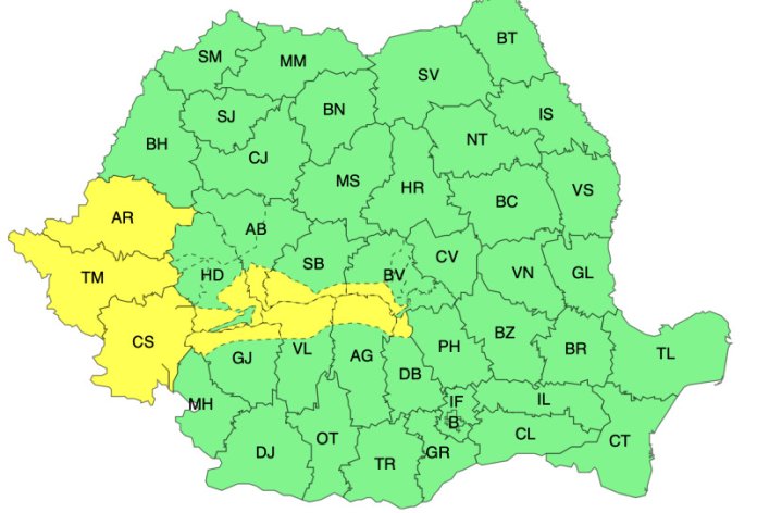 HARTĂ. Avertizări meteorologice pentru condiții meteorologice severe. Aproape 20 de județe, în alerta cod galben