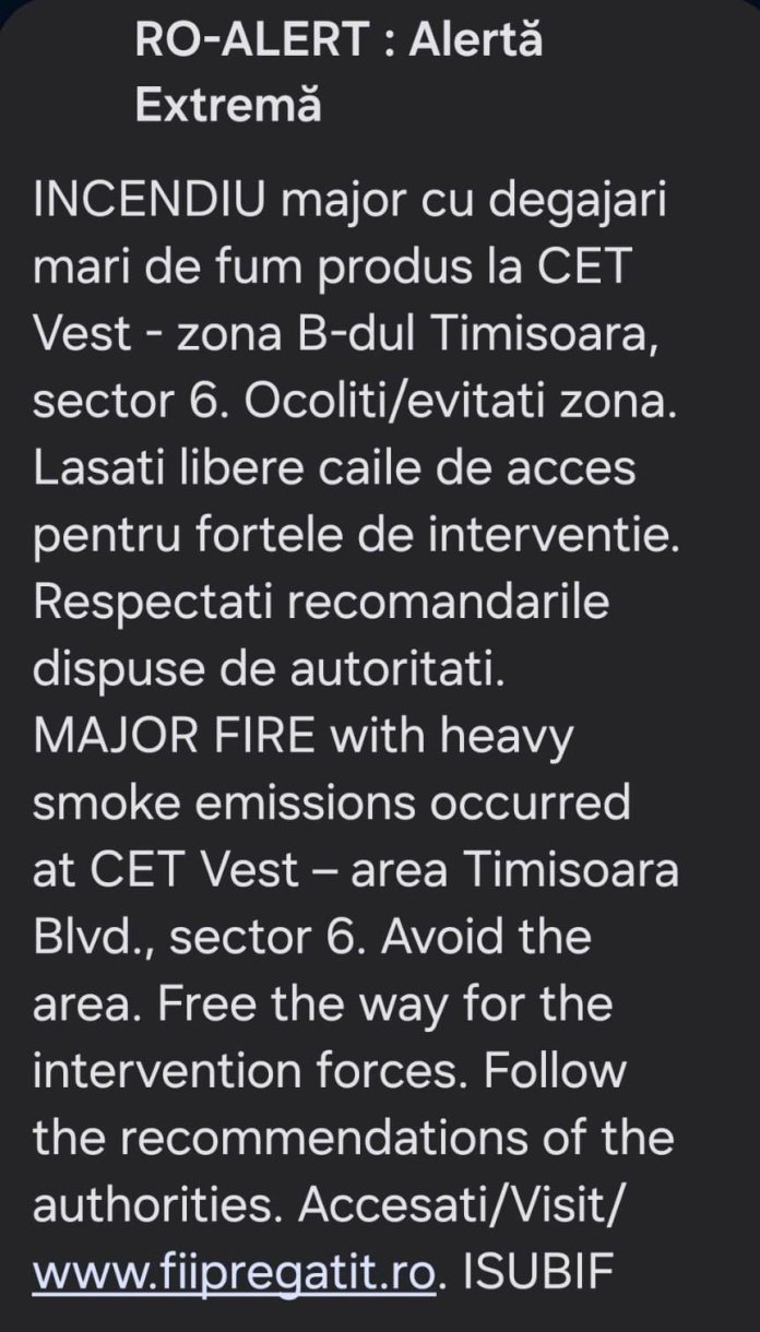 Incendiu la CET Vest București: Fumul perceput de la distanțe de kilometri / Alertă RO-Alert transmisă