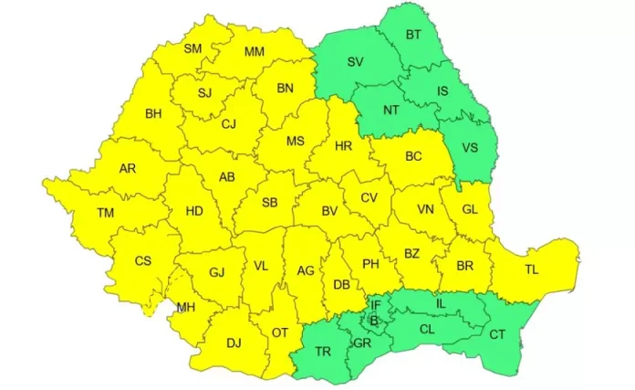 ANM a prelungit avertizarea meteorologică pentru ploi abundente, grindină și furtuni. Harta regiunilor afectate de codul galben.